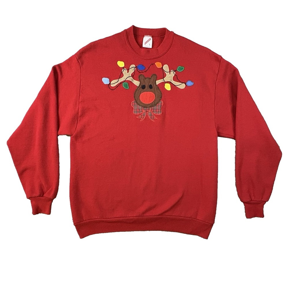 VTG Jerzees Unisex L Red Christmas Reindeer Lights Applique Sweatshirt USA - Picture 1 of 16